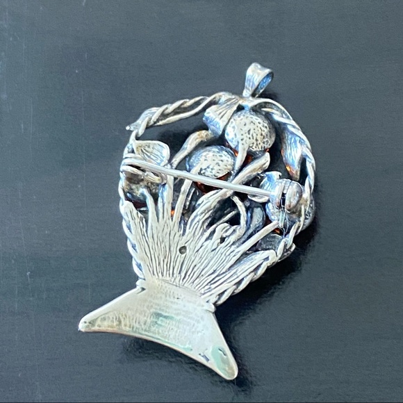 Vintage Sterling Silver Amber Miniature Fruit Basket Pin Brooch Pendant - Picture 7 of 12